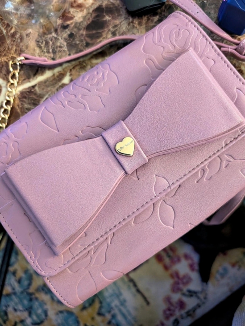 Betsey Johnson Embossed Rose Bow Crossbody Wallet on a Chain Pink